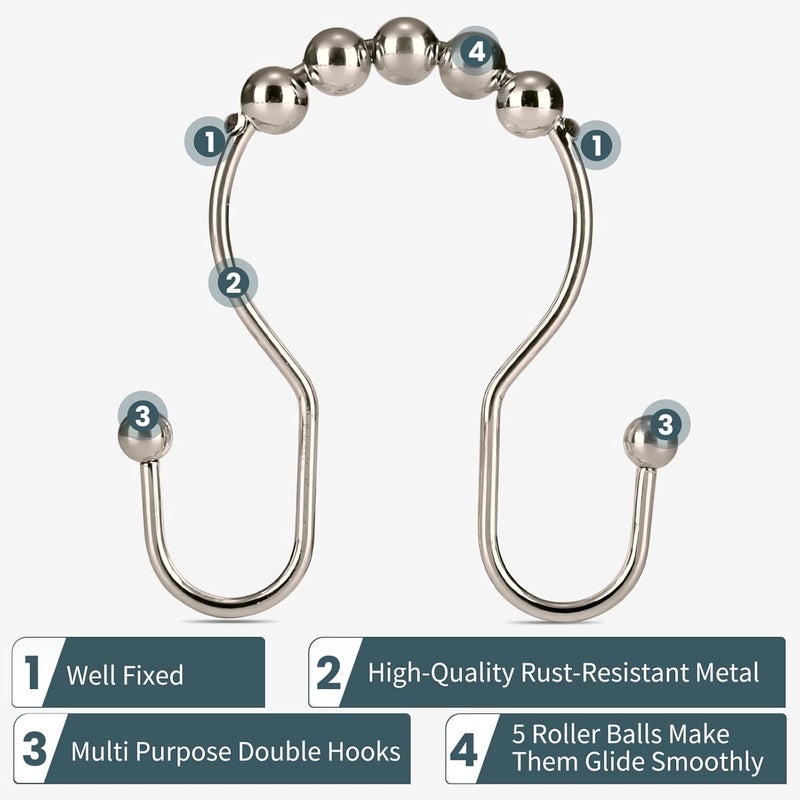 OEH Shower Curtain Hooks, Shower Curtain Rings, Metal Shower Curtain Rings Rust Proof, Smooth Gliding Metal Shower Curtain Hooks Rust Proof, Double Double Shower Rings for Curtain, 12 Pcs, Nickel - Image 3
